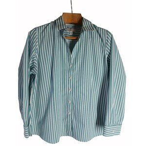 Foxcroft Womens Wrinkle Free Green White Striped Shirt XL V Neck Collar 3/4